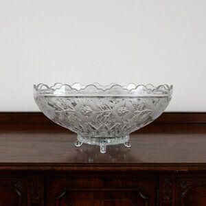 Vintage Ambrosia Clear Cut Lead Crystal Bowl 11" Oval Footed Scalloped Floral